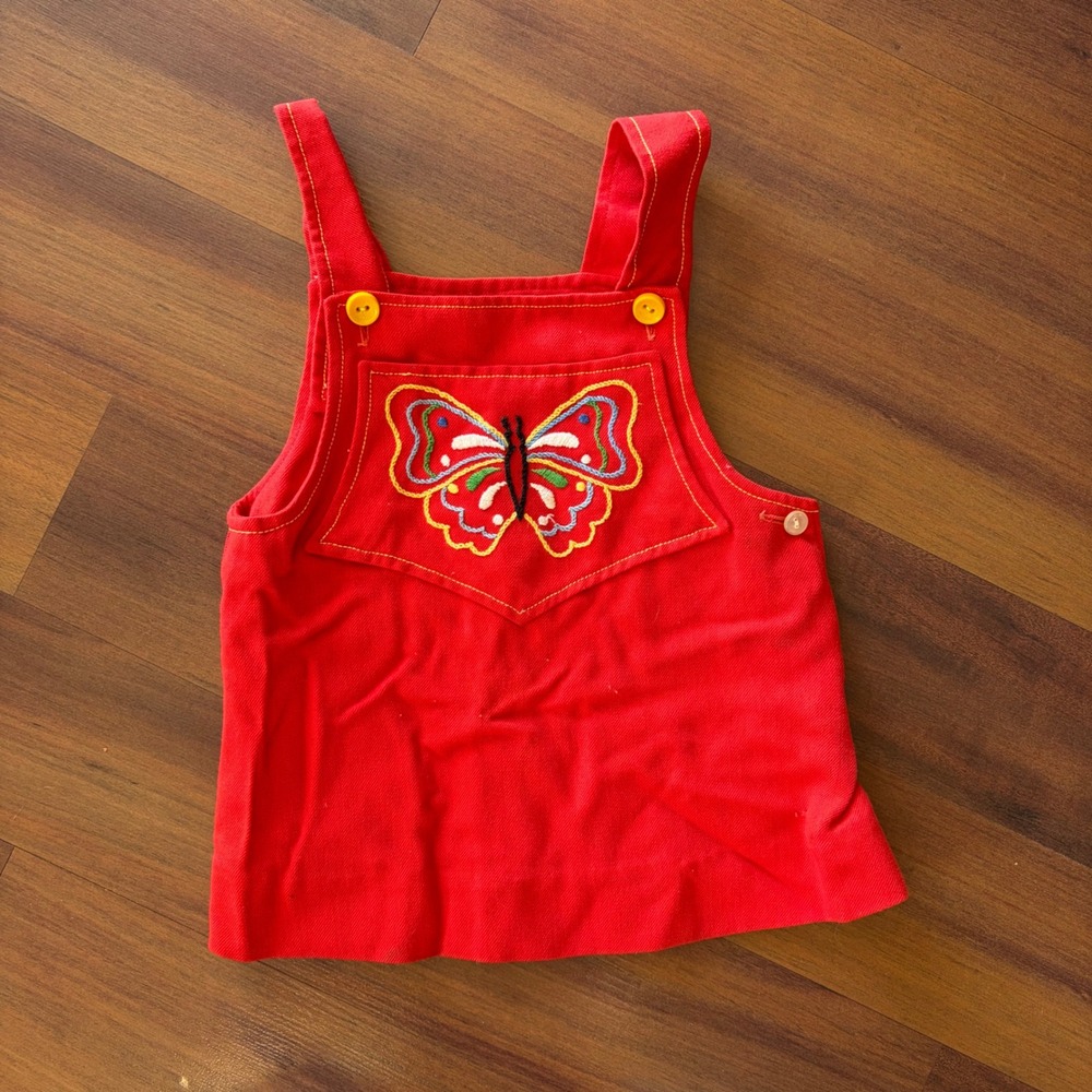 Vintage Red Butterfly Embroidered Bib Overalls‎ Toddler Size 2T Vibrant 80s 90s